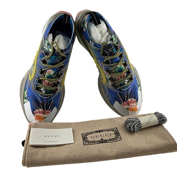 Gucci Men's Run Floral Sneakers Interlocking G Orange Monogram Blue Multi Sz 8 - Picture 10 of 12